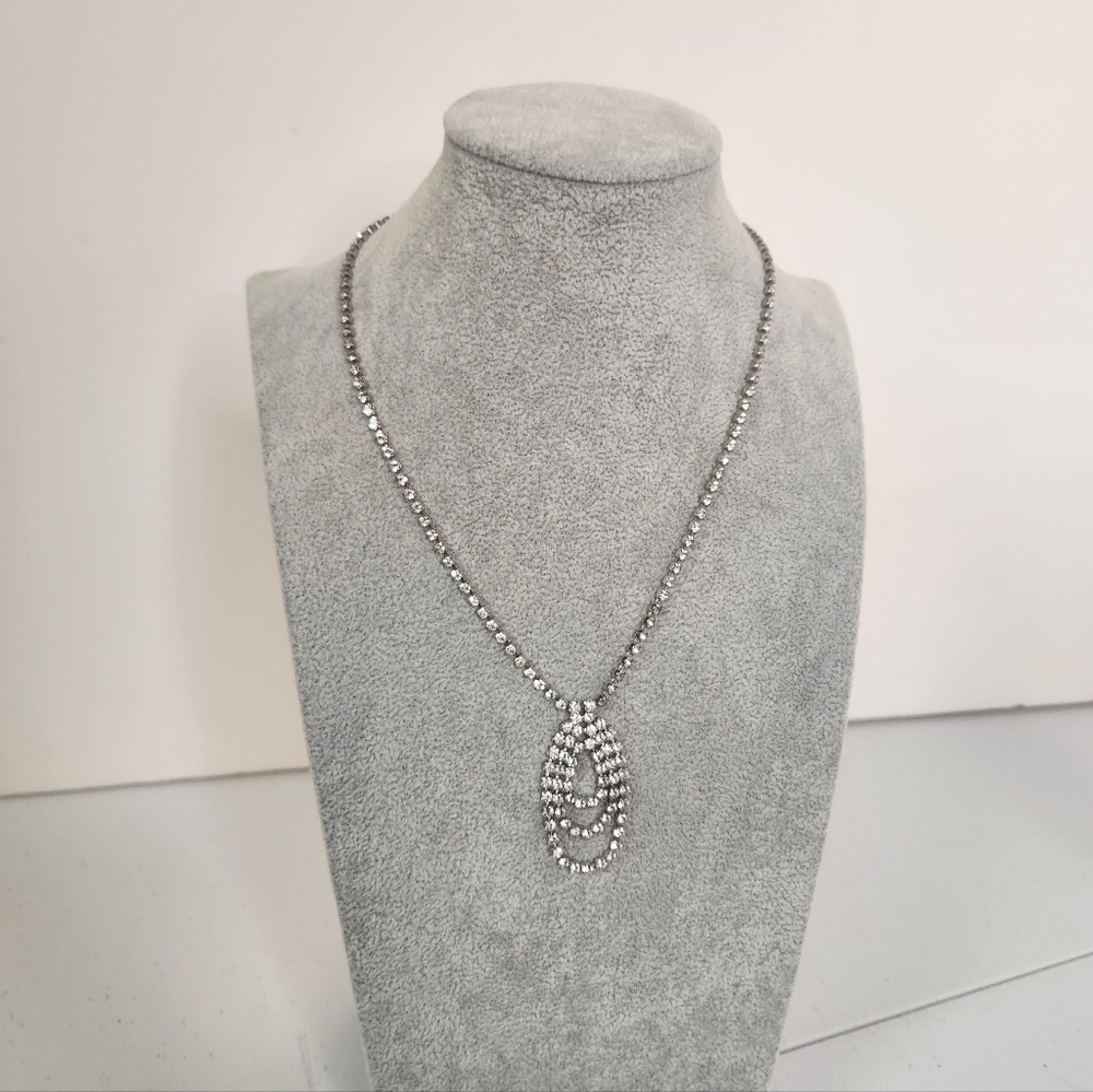 Vintage Rhinestones Necklace Art Deco Style Crystal Costume Jewelry Silver Tone